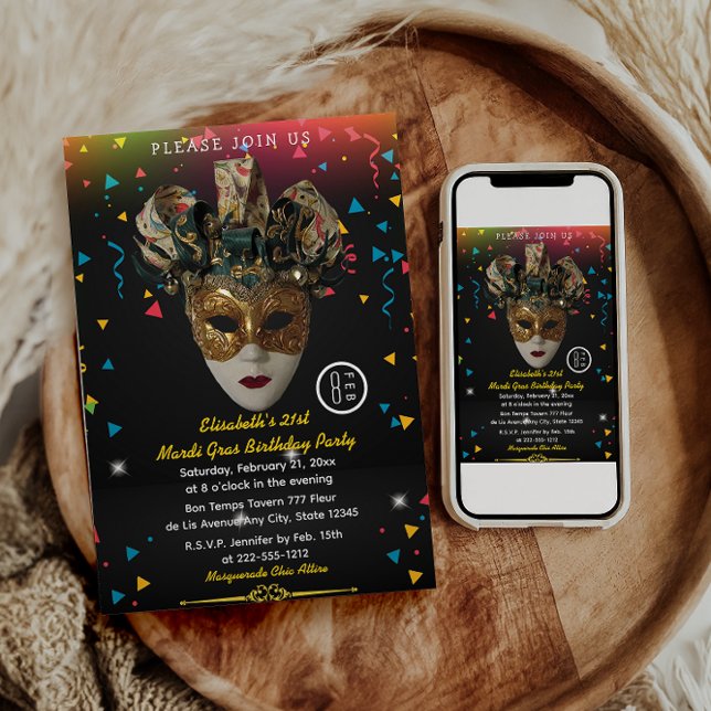 Invitación Máscara de Mardi Gras Fiesta de cumpleaños 21 (Subido por el creador)