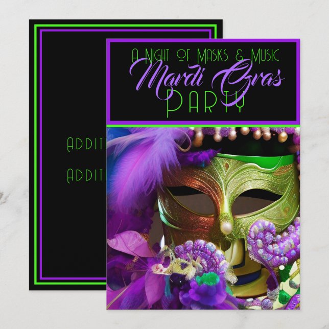 Invitación Máscara De Mardi Gras Púrpura Y Verde (Anverso / Reverso)