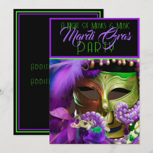 Invitación Máscara De Mardi Gras Púrpura Y Verde