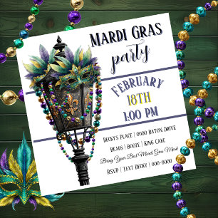Invitación Máscara de Mardi Gras y lámpara de gas con cuentas