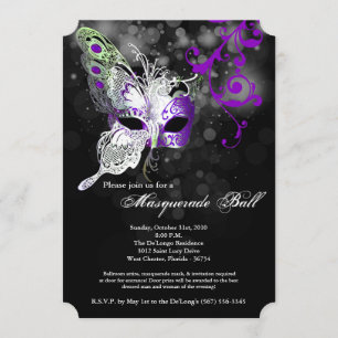 Invitación Máscara de mariposa morada disfraz Halloween