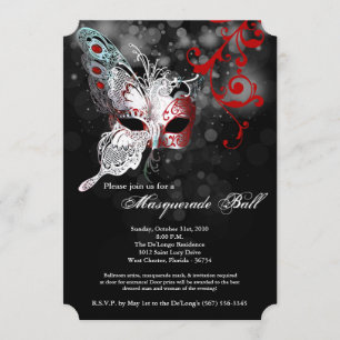 Invitación Máscara de mariposa roja disfraz Halloween