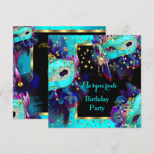 Invitación Máscara de Máscara Azul Té Rosa Cumpleaños Fiesta