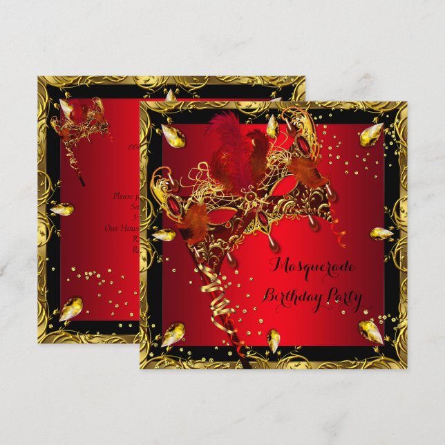 Invitación Máscara de Máscara de Cumpleaños Rojo Dorado (Anverso / Reverso)
