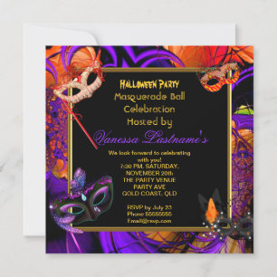 Invitación Máscara de Máscara de Halloween Morado Naranja Fie