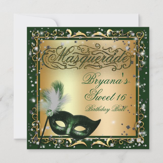 Invitación Máscara de Máscara Dorada y Verde Cumpleaños (Anverso)