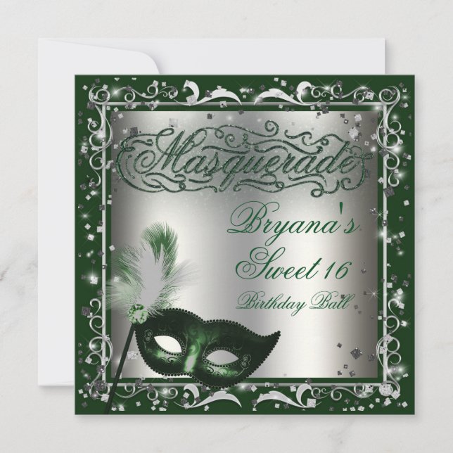 Invitación Máscara de Máscara Plateada y Verde Cumpleaños (Anverso)
