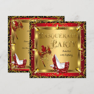 Invitación Máscara de Máscara Tacón Alto Rojo Dorado Cumpleañ