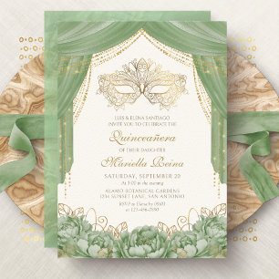 Invitación Máscara de Máscara Verde Moderno Quinceañera