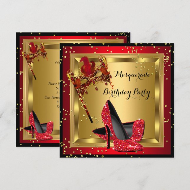 Invitación Máscara de mascarada Alta calzado rojo cumpleaños  (Anverso / Reverso)