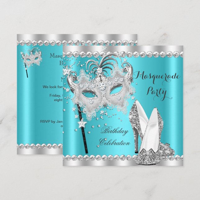 Invitación Máscara de Mascarada Azul verde azulada Hi Heels F (Anverso / Reverso)