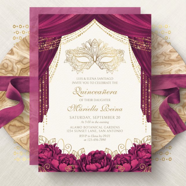 Invitación Máscara de mascarada Borgoña moderna Quinceanera (Subido por el creador)