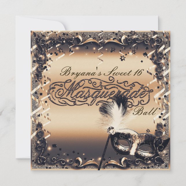 Invitación Máscara de Mascarada de Bronce y Crema Fiesta eleg (Anverso)
