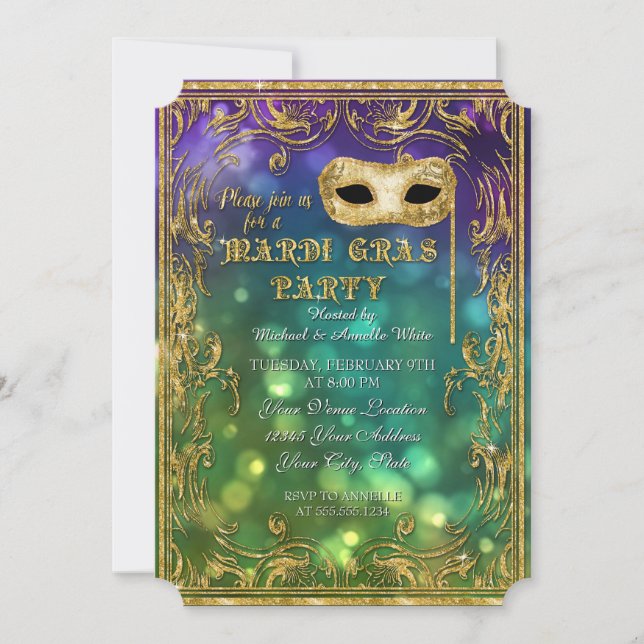 Invitación Máscara de mascarada de Mardi Gras Purpurina de or (Anverso)
