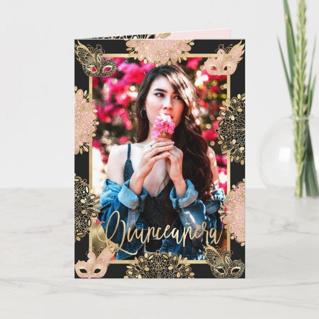 Invitación Máscara de Mascarada de Oro Rosado de moda Español (Anverso)