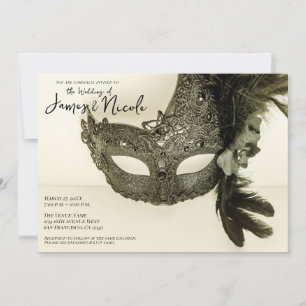 Invitación Máscara de Mascarada de Pluma Negra Vintage Boda T