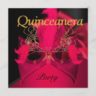Invitación Máscara de Mascarada de Quinceañera Rojo Negro Dor