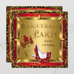 Invitación Máscara de mascarada de talón alto rojo oro cumple