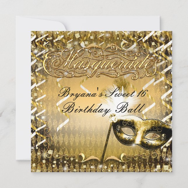 Invitación Máscara de Mascarada Dorada Fiesta de Cumpleaños E (Anverso)
