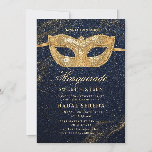 Invitación máscara de mascarada dorada Sweet 16 (Anverso)