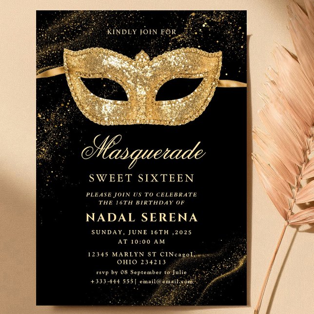 Invitación máscara de mascarada dorada Sweet 16 (Subido por el creador)