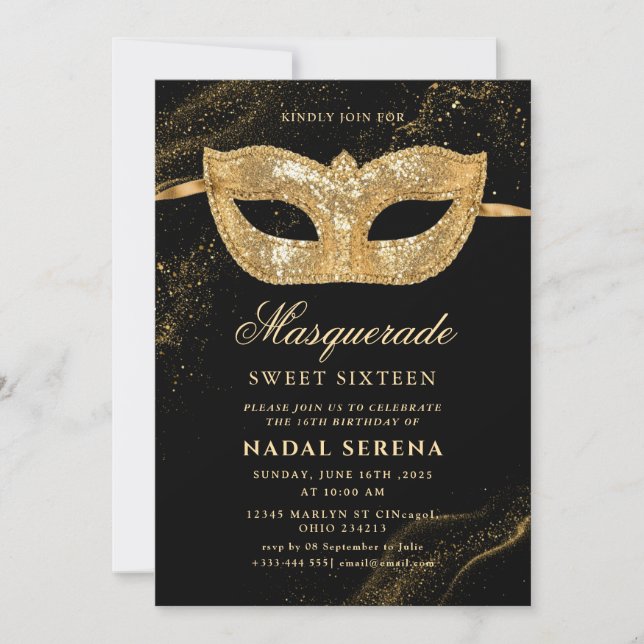 Invitación máscara de mascarada dorada Sweet 16 (Anverso)