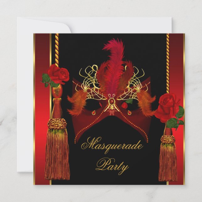 Invitación Máscara de Mascarada Elegante Oro Rosa Rojo Negro (Anverso)
