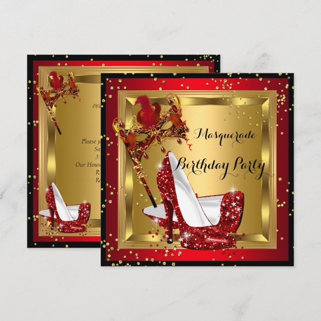 Invitación Máscara de mascarada High Heol Shoe Red Birthday 2 (Anverso / Reverso)