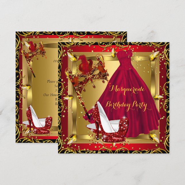 Invitación Máscara de mascarada High Heol Shoe Red Cumpleaños (Anverso / Reverso)
