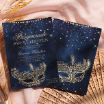 Invitación Máscara de mascarada moda oro purpurina chispa Swe<br><div class="desc">Un dieciséis moderno,  moda y glamuroso dulce con una máscara de purpurina de oro dibujada a mano con un diamante rosa purpurina de oro destellan sobre un fondo de color azul marino oscuro.</div>