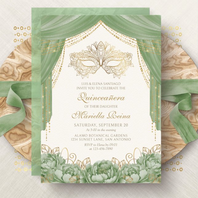 Invitación Máscara de Mascarada Moderno Sage Verde Quinceaner (Subido por el creador)