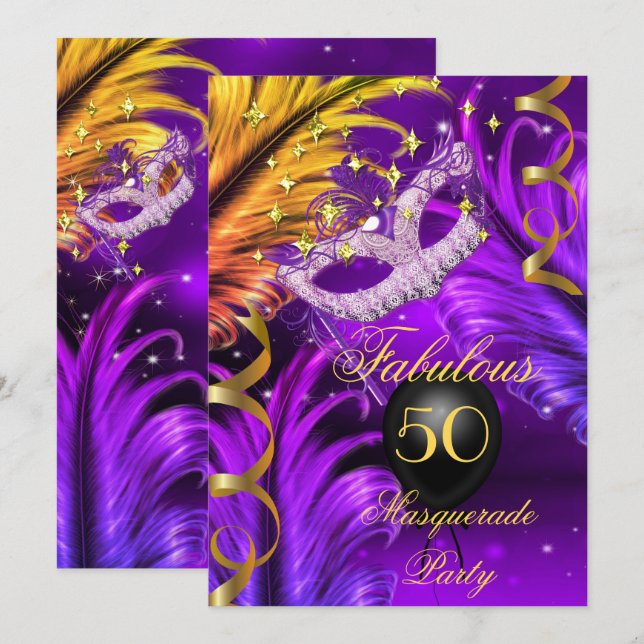 Invitación Máscara de Mascarada Morada de Cumpleaños Fabuloso (Anverso / Reverso)