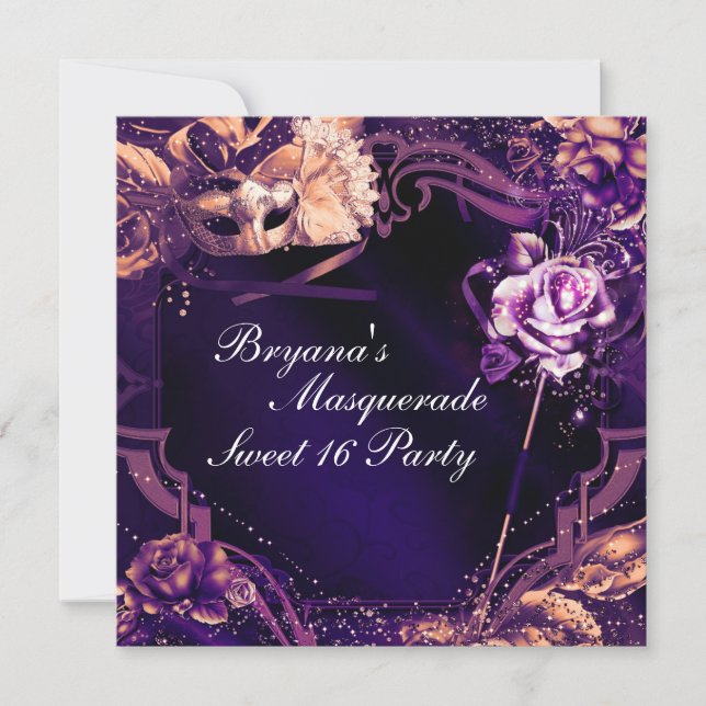 Invitación Máscara de mascarada morada y Rosas elegantes invi (Anverso)