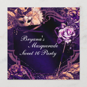 Invitación Máscara de Mascarada Morada y Rosas Elegantes Invi