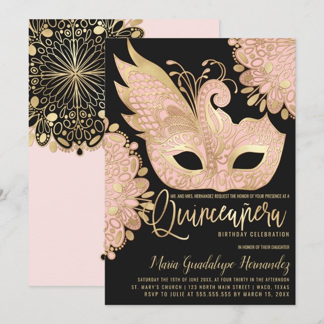 Invitación Máscara de mascarada negra de oro rosado Quinceañe (Anverso / Reverso)
