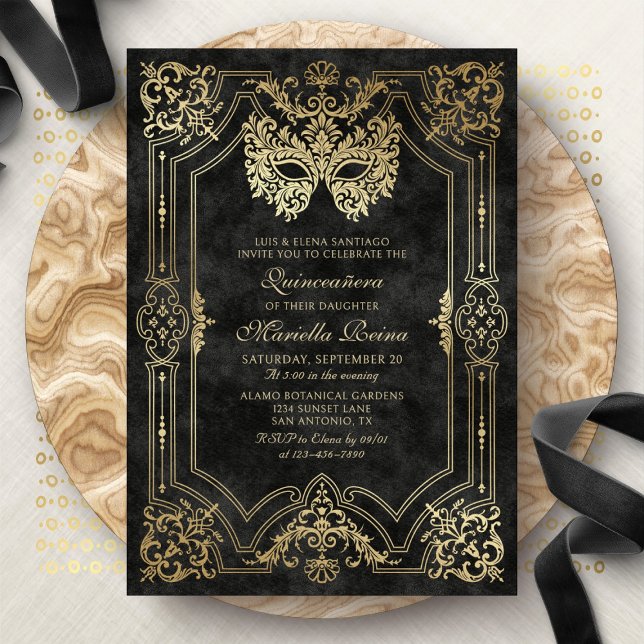 Invitación Máscara de Mascarada Negro Elegante Quinceanera (Subido por el creador)