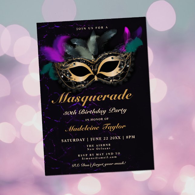 Invitación Máscara de mascarada Neón rosa Negro 30 cumpleaños (Subido por el creador)