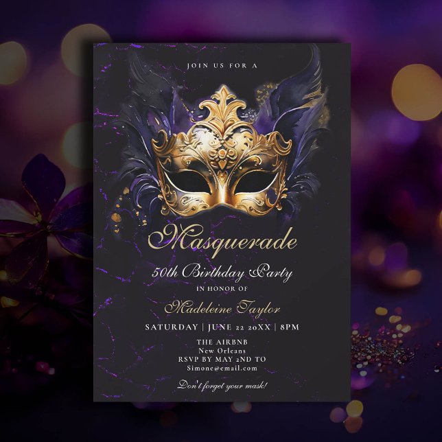 Invitación Máscara de Mascarada Oro Púrpura Dramática 50 cump (50th birthday themes masquerade party venetian mask elegant classy watercolor purple gold black )
