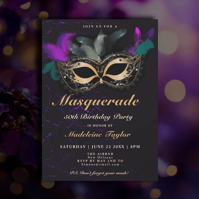 Invitación Mascara de Mascarada Oro Rosa Negro 50 cumpleaños (50th birthday themes masquerade party venetian mask elegant classy watercolor invitation)