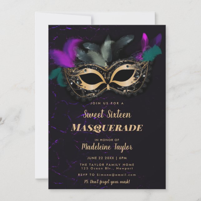 Invitación Máscara de mascarada oro rosado caliente dulce neg (Anverso)