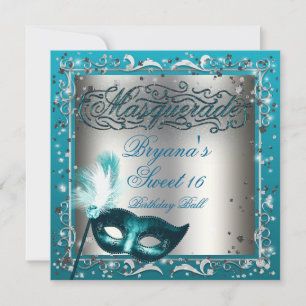 Invitación Máscara de Mascarada Plata y Acuática Cumpleaños F