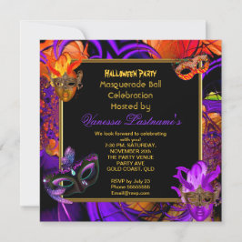 Invitación Máscara de Máscarada Purpura Naranja Fiesta de Hal