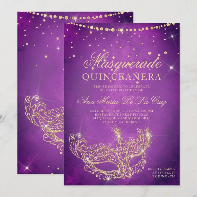 Invitación Máscara de mascarada purpurina de oro de lila quin (Anverso / Reverso)