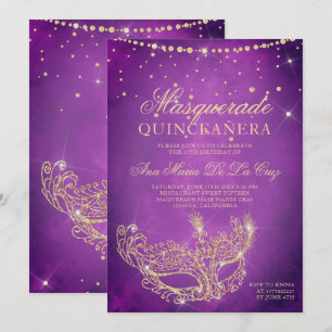 Invitación Máscara de mascarada purpurina de oro de lila quin