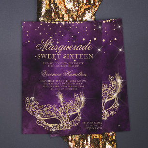 Invitación Máscara de mascarada purpurina de oro morado Sweet