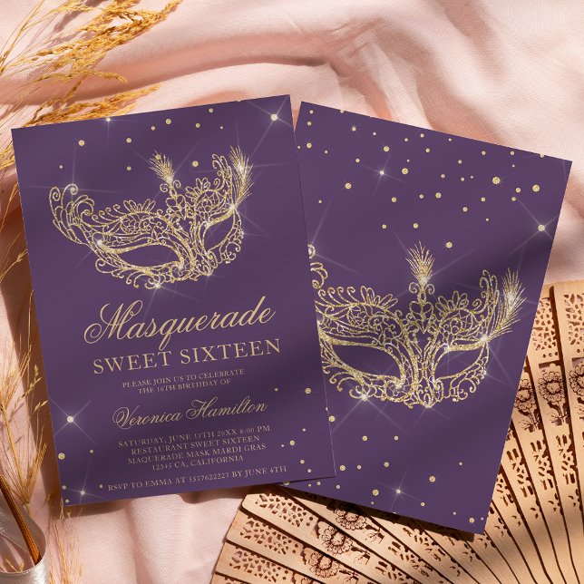 Invitación Máscara de mascarada purpurina de oro morado Sweet (Subido por el creador)