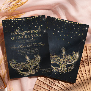 Invitación Máscara de mascarada purpurina de oro negro quince