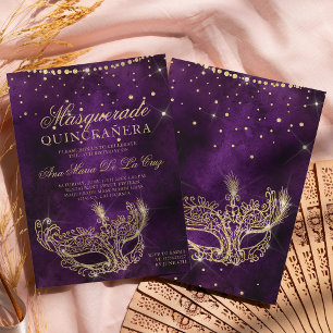 Invitación Máscara de mascarada purpurina de oro púrpura quin