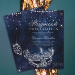 Invitación Máscara de mascarada purpurina de plata destella d<br><div class="desc">Un dieciséis moderno,  moda y glamuroso dulce con una máscara de máscaras de purpurina plateado dibujada a mano con diamantes purpurina plateado brilla sobre un fondo de color azul marino oscuro.</div>