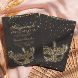 Invitación Máscara de mascarada purpurina dorado gris Dulce 1<br><div class="desc">Un dieciséis moderno,  moda y glamuroso dulce con una máscara de purpurina de oro dibujada a mano con un diamante rosa purpurina de oro chispa sobre un fondo gris oscuro editable.</div>